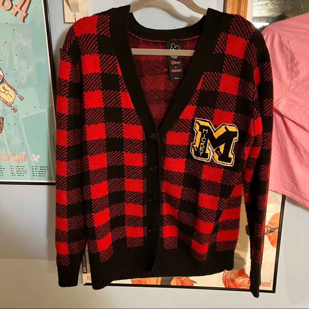 Disney Forever 21 Mickey Mouse Button Up Cardigan Red Plaid